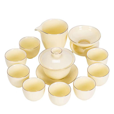 羊脂玉宝石黄茶具套装